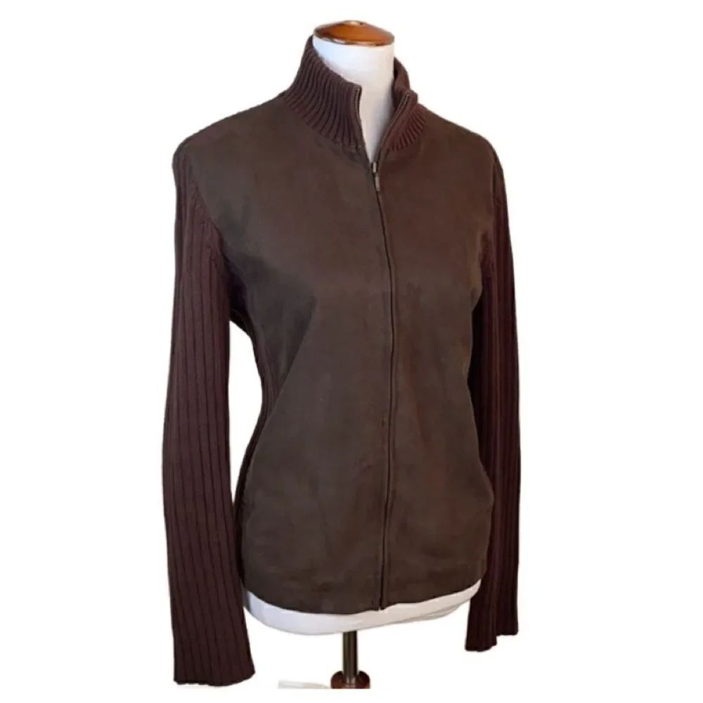 Jones New York Sport Brown Suede Mixed Media Full Zip Jacket (Size: Large)